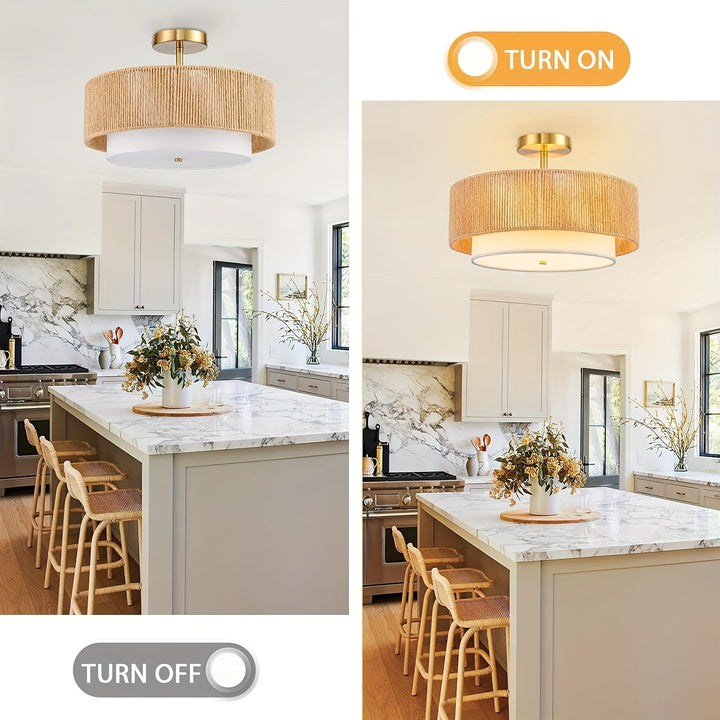 1 pieza de luz de techo integrada de rafia, 3 luces tejidas bohemias, montaje flush, iluminación de granja, moderna, hierro fundido y madera, para sala de estar, cocina, dormitorio, entrada - No incluye bombilla, cerca de la luz de techo