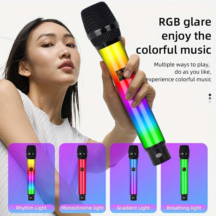 Micrófono inalámbrico G-MARK 2.4G, doble micrófono, luz dinámica RGB con gradiente, para Kara OK, transmisión en vivo, canto, vida útil de la batería de 2 horas, kit ligero de plástico.