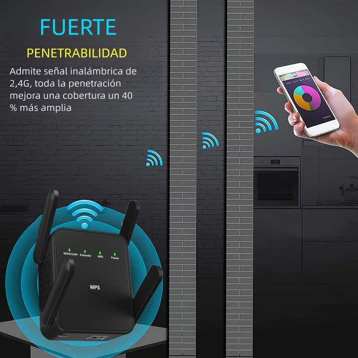 Repetidor Amplificador de WiFi - Amplifica Señal Inalámbrico hasta 4500sq.ft, Soporta 30+ Dispositivos, Puerto Ethernet, Botón WPS/Reset, Negro, Diseño Cómpacto para Fácil Instalación, Repetidor Amplificador de Señal WiFi para Hogar