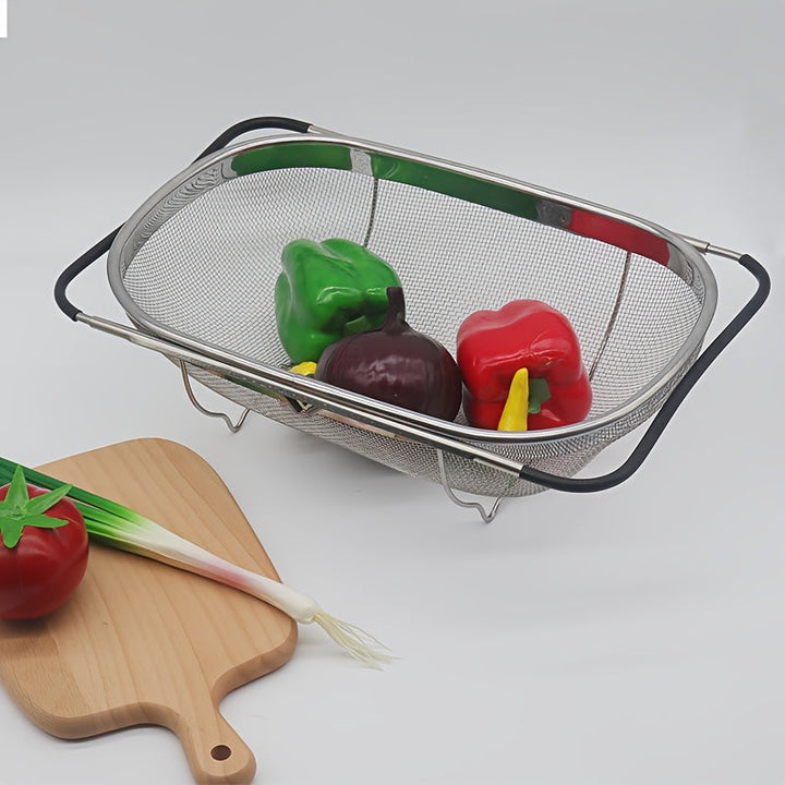 Red de filtro telescópica de acero inoxidable 304, multiusos, plegable, para 4 escenarios diferentes, para almacenamiento, baño, cocina, jardín, fregadero, deshidratador de frutas y verduras, sin instalación, resistente a la corrosión, soporte.