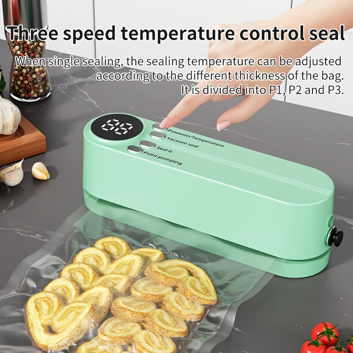 Sellador al Vacío Recargable por USB con Batería de 1200mAh, Verde Menta - Control de Temperatura de Múltiples Velocidades, Diseño que Ahorra Espacio para la Conservación de Alimentos - Ideal para Snacks, Carne, Frutas, Verduras en Casa y Uso Exterior, S