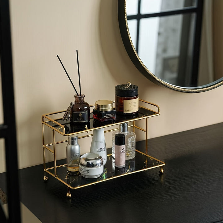 Organizador de baño de doble nivel con textura de mármol, bandeja amplia para cosméticos y cuidado de la piel, detalles dorados, diseño portátil independiente para baño, dormitorio o tocador (sin necesidad de ensamblaje), accesorios para baño