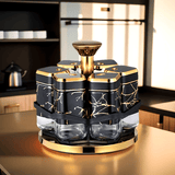 [Tarros de Especias de Vidrio Dorados] Set de 6 pzas de Tarros de Especias de Vidrio con Acentos Dorados - Contenedores Giratorios Seguros para Alimentos - Botellas de Condimentos para Cocina con Estante para Especias