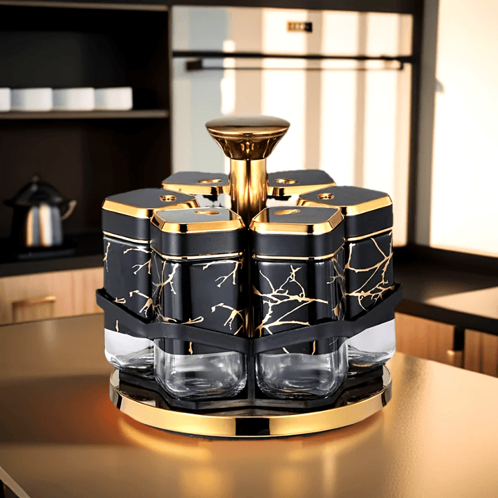[Tarros de Especias de Vidrio Dorados] Set de 6 pzas de Tarros de Especias de Vidrio con Acentos Dorados - Contenedores Giratorios Seguros para Alimentos - Botellas de Condimentos para Cocina con Estante para Especias