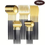 30 piezas de cubiertos de acero inoxidable - Elegantes utensilios pulidos a espejo, cuchillos para carne, tenedores y cucharas de alta calidad, aptos para platos principales y postres.