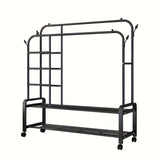 Perchero Metálico Rodante, Colgador de Doble Barra con 4 Ganchos Laterales y Estante Inferior de 2 Niveles, Ideal para Dormitorio u Oficina en Casa, Organizador de Armario Abierto con Ruedas, Secado de Ropa,