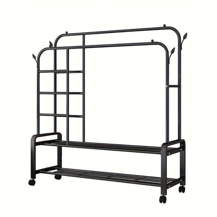 Perchero Metálico Rodante, Colgador de Doble Barra con 4 Ganchos Laterales y Estante Inferior de 2 Niveles, Ideal para Dormitorio u Oficina en Casa, Organizador de Armario Abierto con Ruedas, Secado de Ropa,