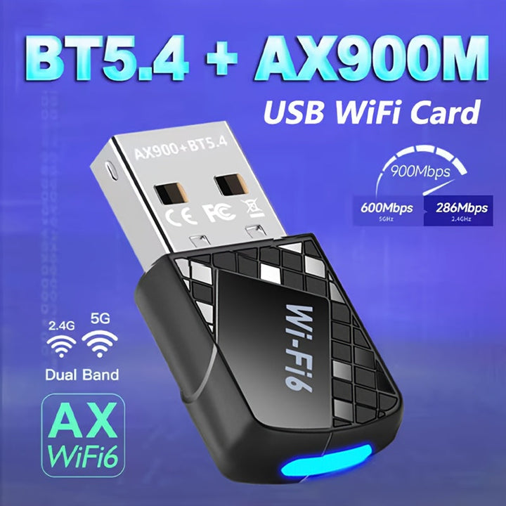 Adaptador WiFi6 Dual Band AX900Mbps 2 en 1 con BT5.4 2.4G/5G - Tarjeta de red inalámbrica de alta velocidad 02.11ax para portátiles y escritorios Mac, Plug and Play, sin controlador requerido, diseño compacto, adaptador inalámbrico duradero, conectividad