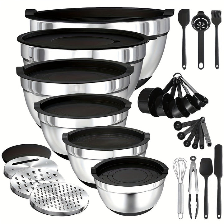Juego de 22/32 tazones de acero inoxidable con tapa y rallador, anidables, antióxido, aptos para hornear, preparar, cocinar, mezclar ensaladas, servir alimentos, lavavajillas seguro, varios tamaños, ideal para Navidad, perfecto para Acción de Gracias