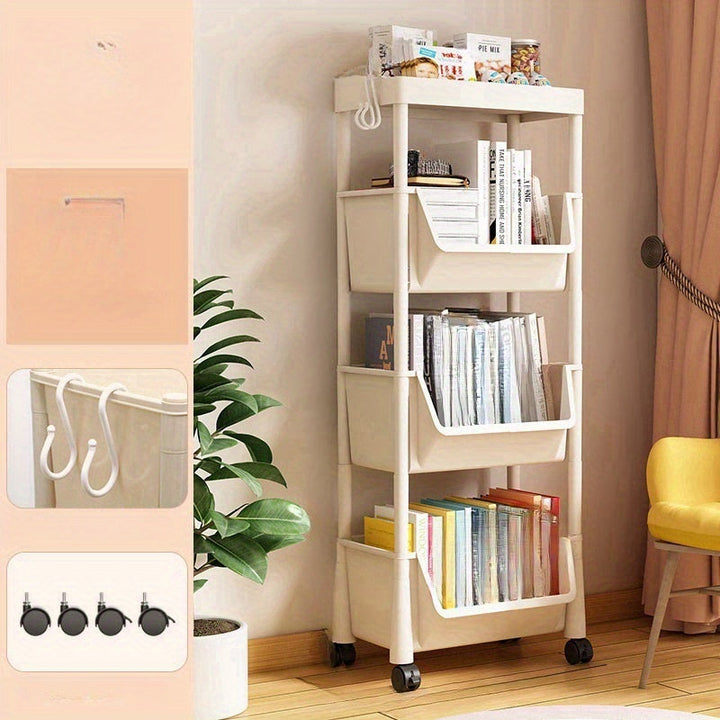 Estante moderno y estrecho para libros que ahorra espacio, carrito de almacenamiento de plástico blanco con asas fáciles de tirar, no requiere montaje, para sala de estar, cocina, muebles para el hogar, no de madera, sin batería, 1 pieza.