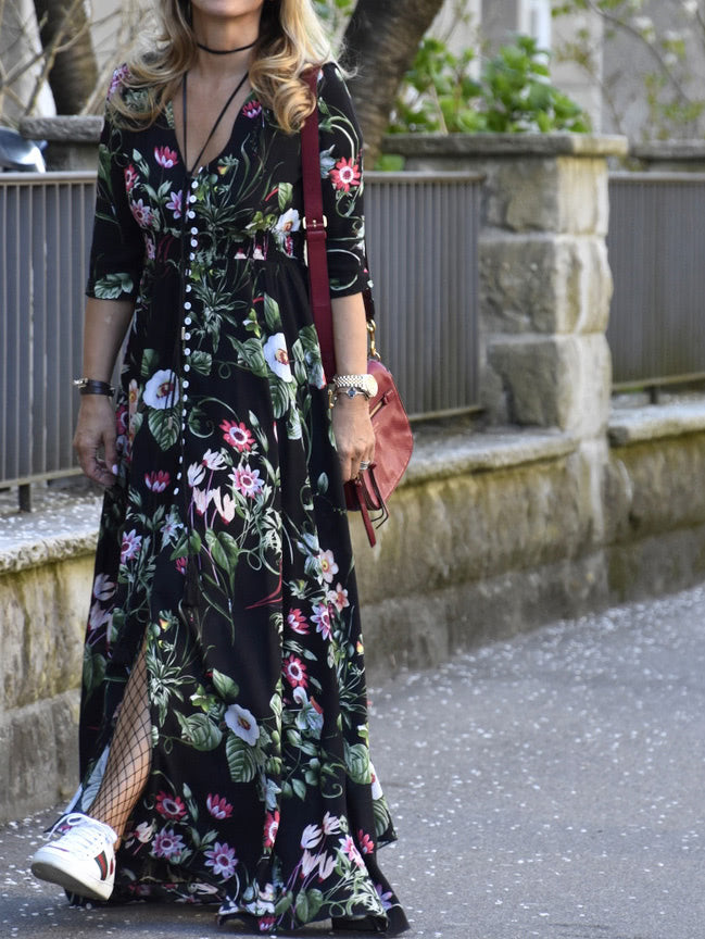 Vestido largo de flores con botones