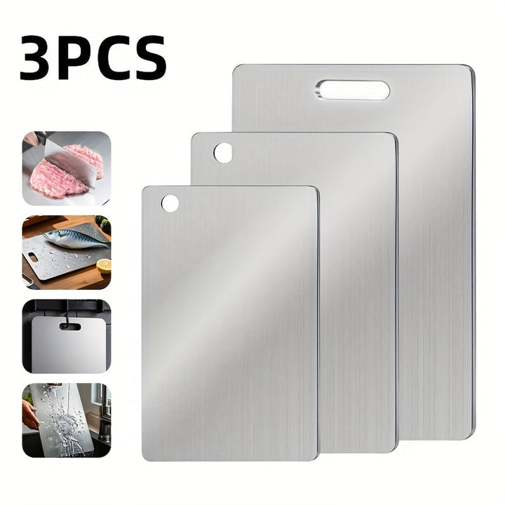 3 piezas de tablas de corte de acero de titanio de doble cara de alta calidad | Tablas de corte de grado alimenticio para cocina, preserva el sabor original sin dañar las cuchillas, adecuadas para cocinas y restaurantes. Se puede lavar en lavavajillas.