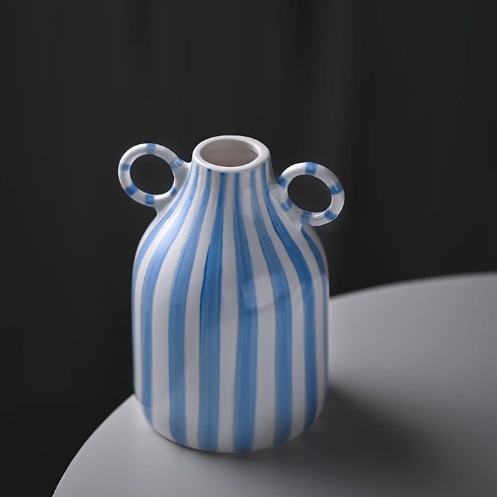 1pc Jarrón de cerámica con rayas, estilo creativo y sencillo, con dos asas, forma cilíndrica redonda, decoración para el hogar y la cocina, no requiere energía, no incluye batería