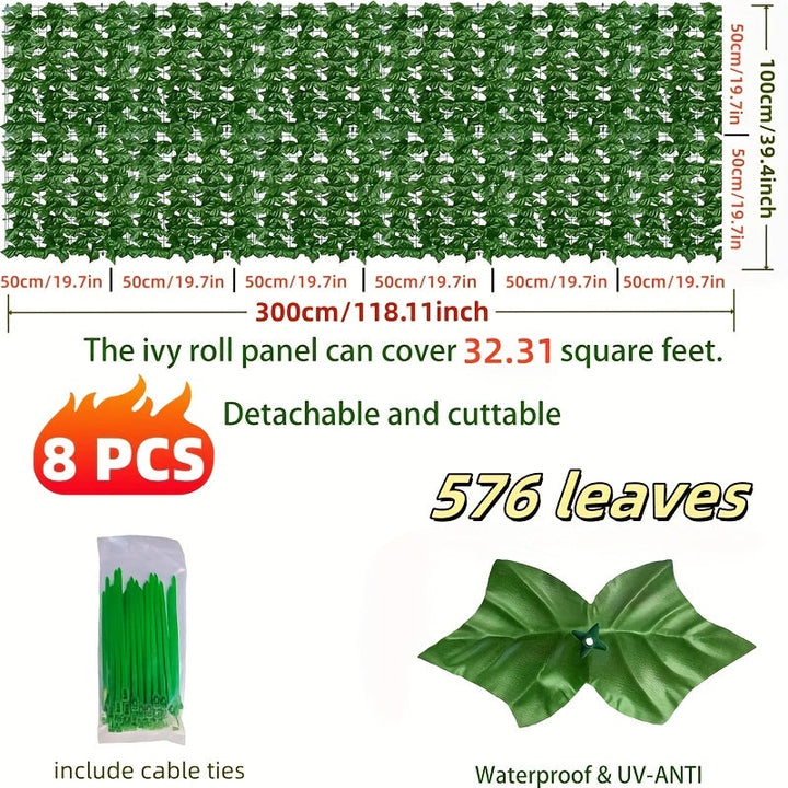 8 piezas de pantalla de pared de valla de privacidad de hiedra artificial, longitud total de aproximadamente 118,1 x 39,4 pulgadas, con 576 hojas de textura de alta simulación, puede resistir bien los rayos UV, adecuado para terraza/balcón/jardín/cortijo