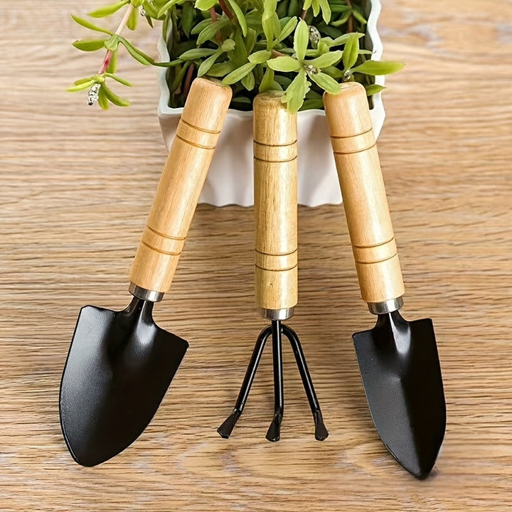 Juego de Tres Palas Metálicas para Jardinería, Herramienta Mini para Trasplante y Desenraizamiento con Mango de Madera, Diseño Antideslizante para Plantas en Macetas y Suculentas