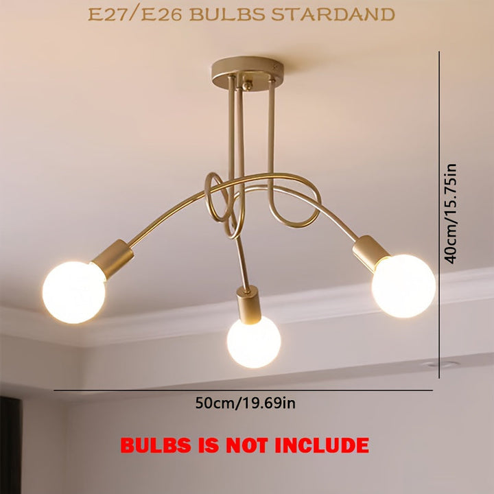 1 pieza de luz de techo dorada, luz de techo de tubo curvado de tres cabezas, adecuada para sala de estar, dormitorio, estudio, cocina, oficina, hotel (base de bombilla E26 - bombilla no incluida)