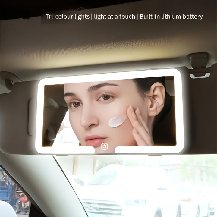 1 Espejo de maquillaje LED, adecuado para visor de sol de coche, espejo de maquillaje táctil recargable con brillo ajustable, tres modos de iluminación, tema costero, superficie pintada, marco de plástico, carga USB, batería de litio de 600 mAh, sin alco