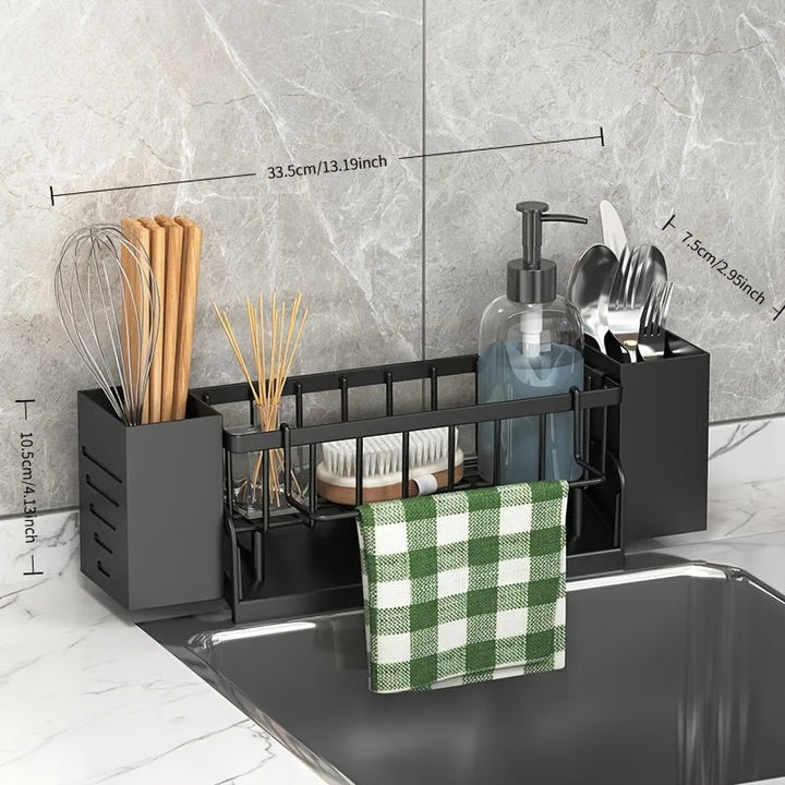 Estantería de Cocina Multifuncional y Compacta con Diseño Autodrenante, Portapalillos, Cuchillo, Tenedor, Cuchara y Toallero, Ideal para Barcos y Yates, 33.5 x 7.8 x 10.5cm, Construcción Metálica Negra, Almacenamiento en la Cocina del Barco | Elegante Es