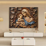 Una talla de madera en 3D de la Virgen María y el Niño Jesús, adecuada para dormitorios, salas de estar y áreas al aire libre.