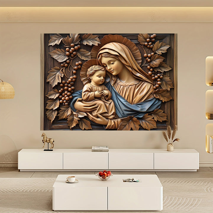 Una talla de madera en 3D de la Virgen María y el Niño Jesús, adecuada para dormitorios, salas de estar y áreas al aire libre.