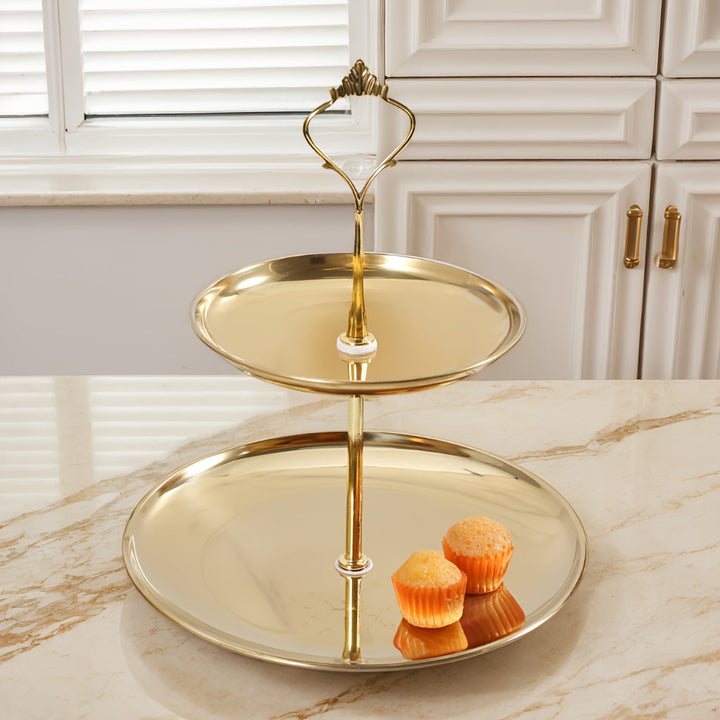 Elegante soporte para cupcakes de acero inoxidable de 2 niveles con asas doradas - Perfecto para celebraciones navideñas, bodas y ocasiones especiales, estante de exhibición seguro para alimentos para pasteles, galletas y refrigerios, ideal para mesa de