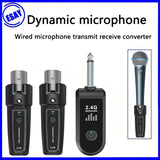 Adaptador inalámbrico para micrófono dinámico, sistema inalámbrico de micrófono 2.4Ghz XLR con 1 receptor + 2 transmisores, enchufe de 6.35mm, recargable, para mezcladora de audio, altavoz de micrófono dinámico, mezclador de sonido y amplificador