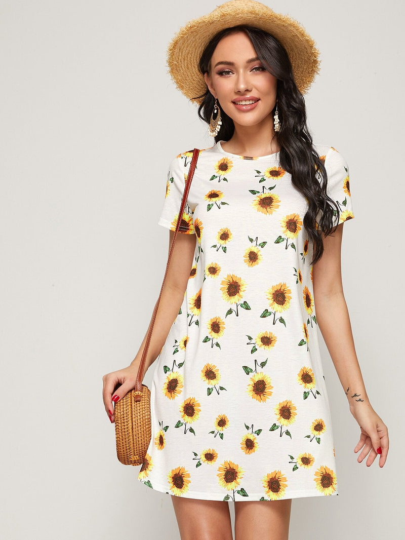 VCAY Vestido estilo camiseta con estampado de girasol