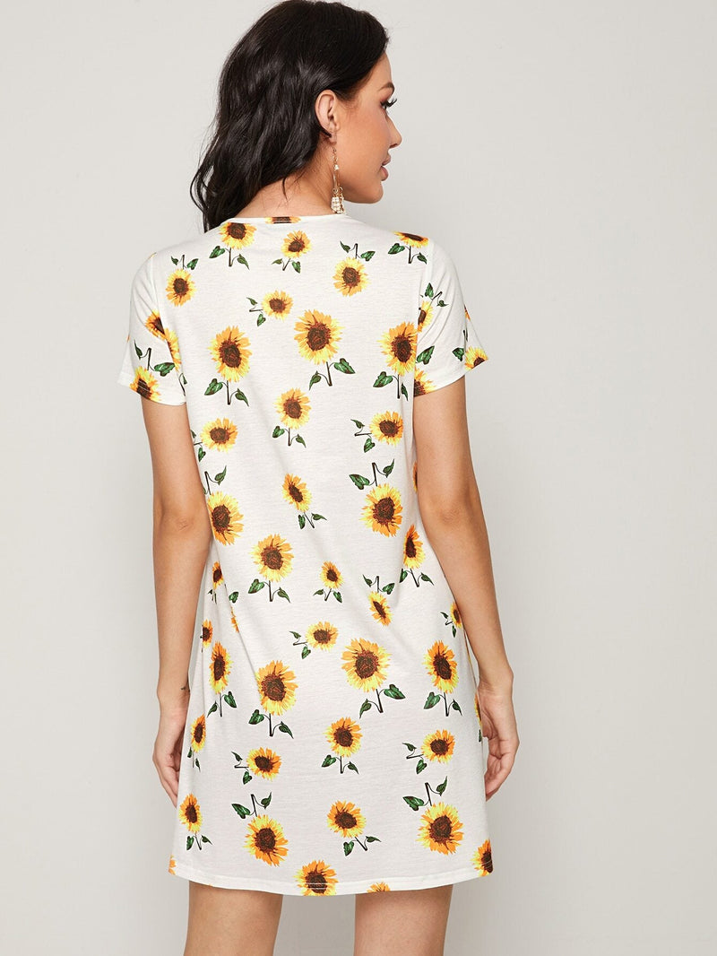 VCAY Vestido estilo camiseta con estampado de girasol