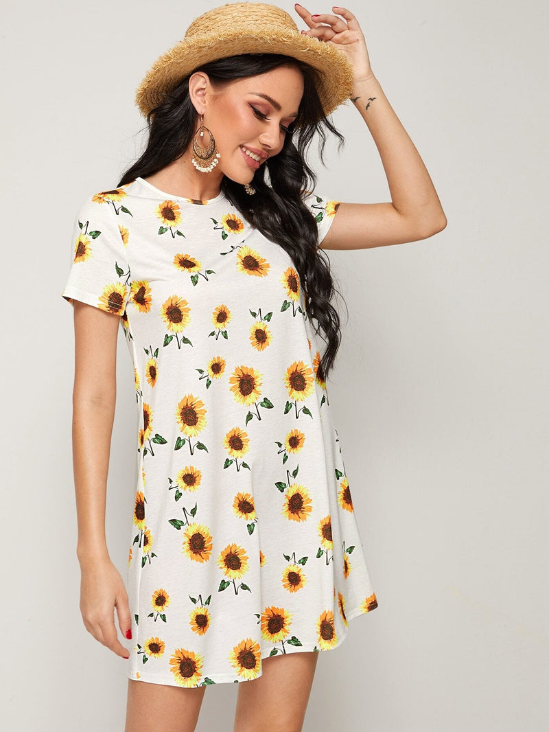 VCAY Vestido estilo camiseta con estampado de girasol