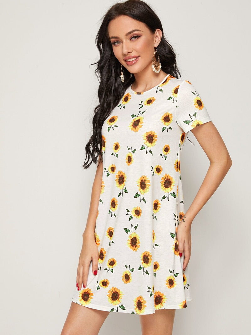 VCAY Vestido estilo camiseta con estampado de girasol