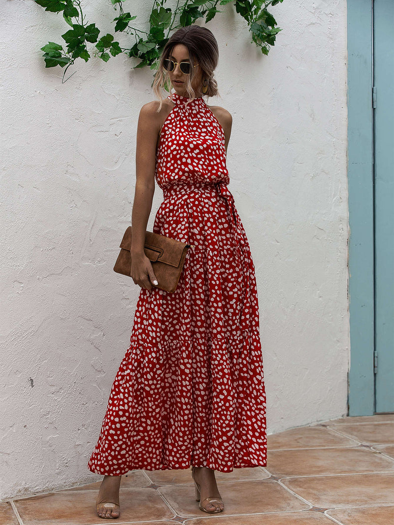 VCAY Vestido halter con estampado floral bajo con fruncido con cinturon