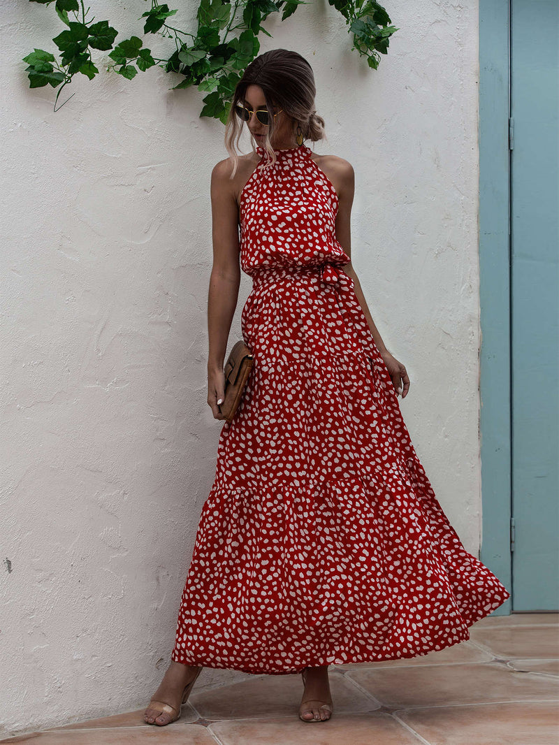 VCAY Vestido halter con estampado floral bajo con fruncido con cinturon