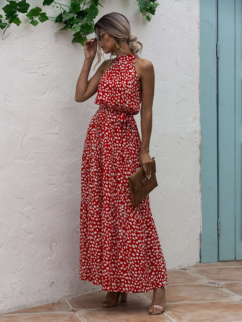 VCAY Vestido halter con estampado floral bajo con fruncido con cinturon