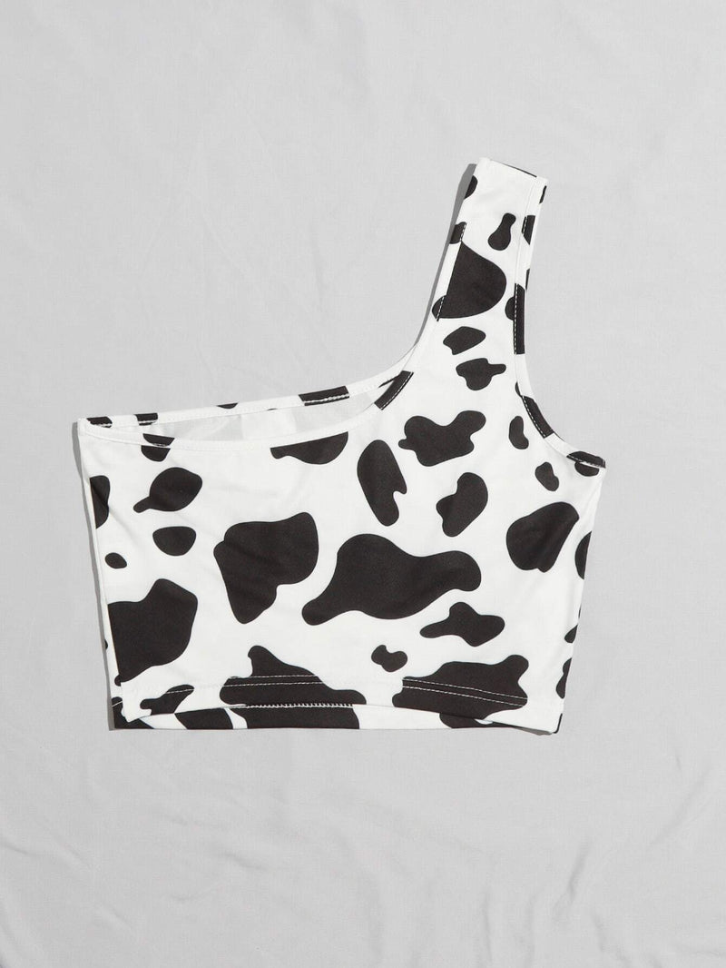 EZwear Top corto con estampado de vaca con un hombro