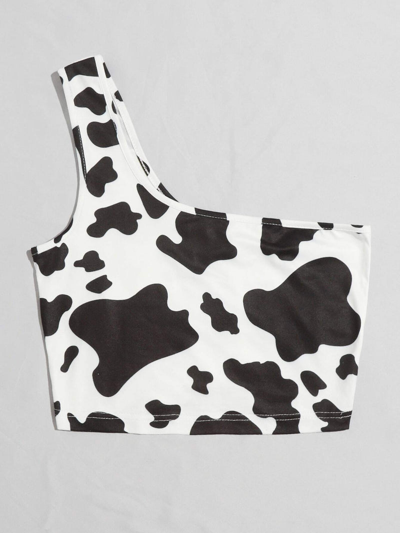 EZwear Top corto con estampado de vaca con un hombro