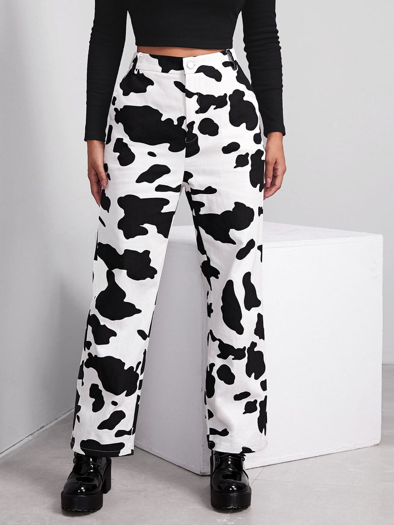 EZwear Pantalones con estampado de vaca con boton delantero