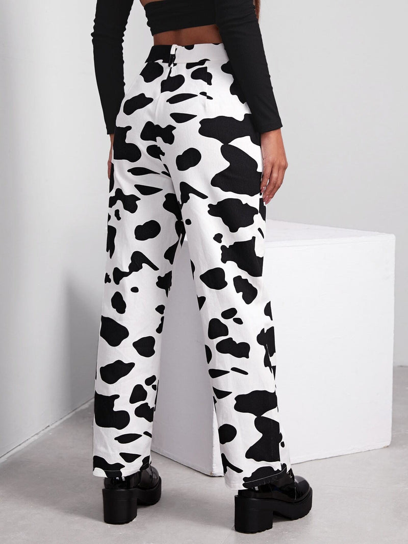 EZwear Pantalones con estampado de vaca con boton delantero