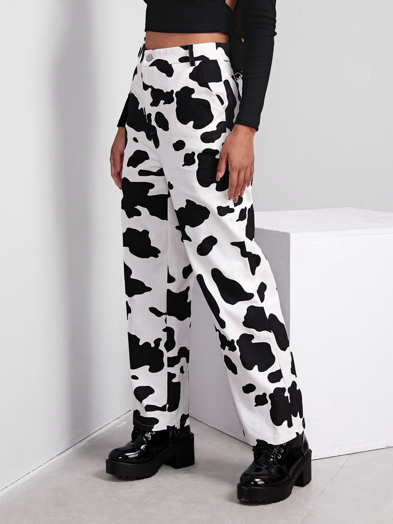 EZwear Pantalones con estampado de vaca con boton delantero