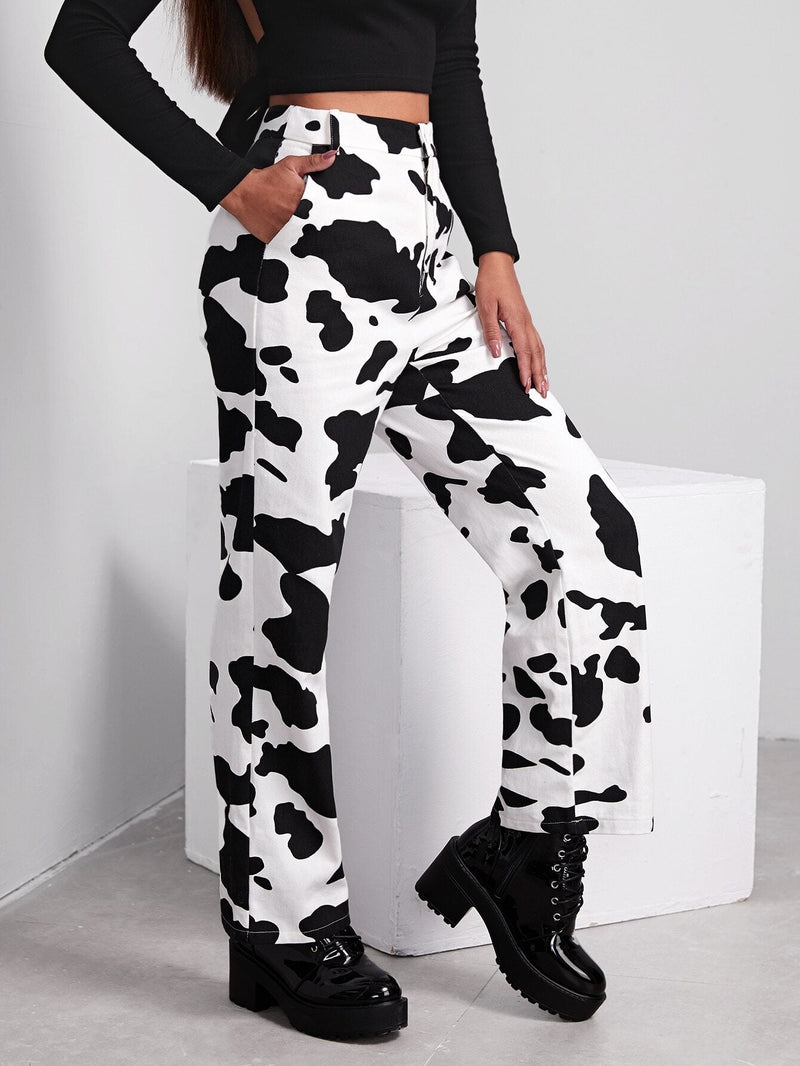 EZwear Pantalones con estampado de vaca con boton delantero