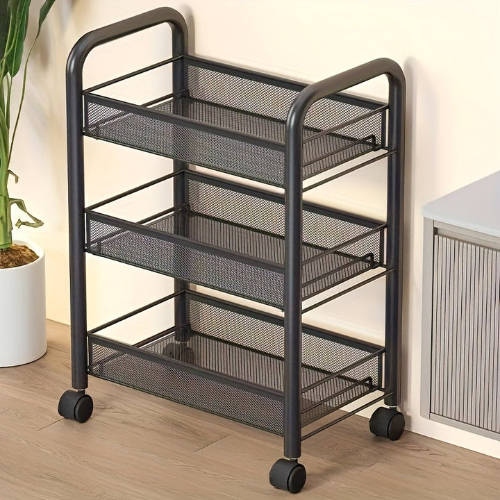 1 pieza de 3 niveles de carrito de almacenamiento de metal negro con poleas - Organizador versátil para cocina, dormitorio, baño, oficina y sala de estar, estante de canasta de alambre duradera, ensamblaje fácil, unidad de estantería versátil | Acabado m
