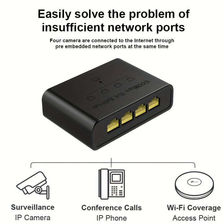 Extensor de Red Ethernet, soporta hasta 1Gbps, expande un cable a cuatro puertos, plug-and-play, amplia compatibilidad, alta potencia, enfriamiento eficiente, rendimiento estable, operación rápida y segura, compacto y portátil. Ideal para uso en hogar u