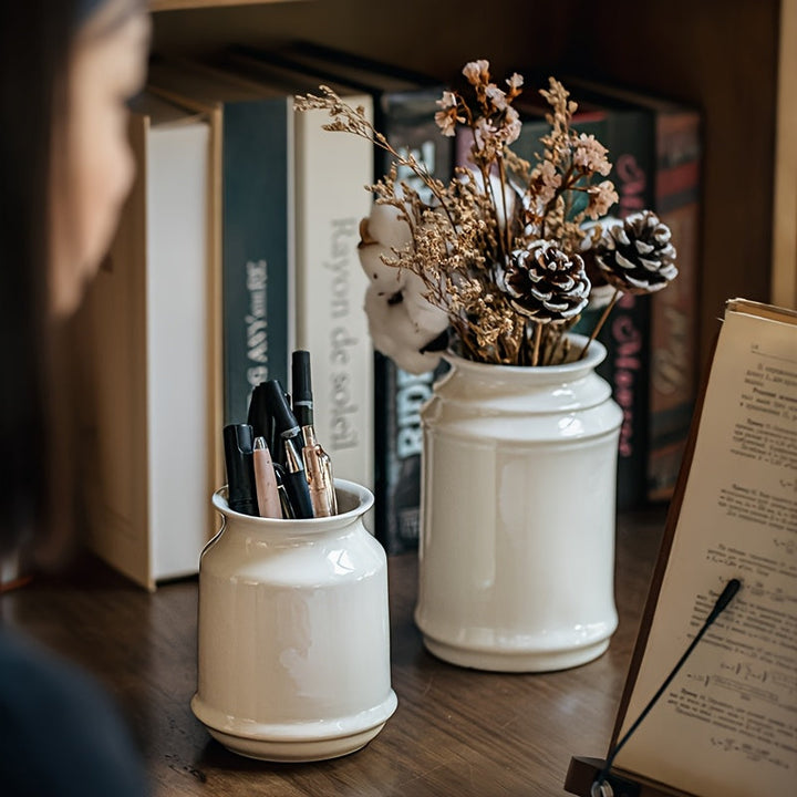 1pc Recipiente de Cerámica Blanca - Organizador Minimalista con Boca Afilada para Utensilios de Cocina, Palillos, Tenedores y Bolígrafos - Contenedor Multiusos Decorativo, Almacenamiento Elegante para Utensilios, Diseño Liso y Acabado Suave