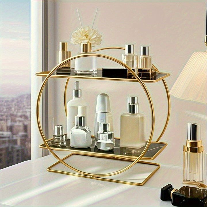 Organizador de Bandeja para Lavabo de Hierro Dorado de 2 Niveles - Estante Decorativo Circular para Tocador, Encimera o Sala - Porta Cosméticos y Perfumes Extraíble y Portátil, Organización de Encimeras, Acabado Metálico Elegante, Construcción Duradera