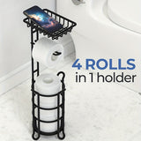 Soporte para papel higiénico de hierro forjado pintado, independiente, con estante adicional para rollos gigantes, teléfono, toallitas y difusor, instalación con adhesivo, para baño