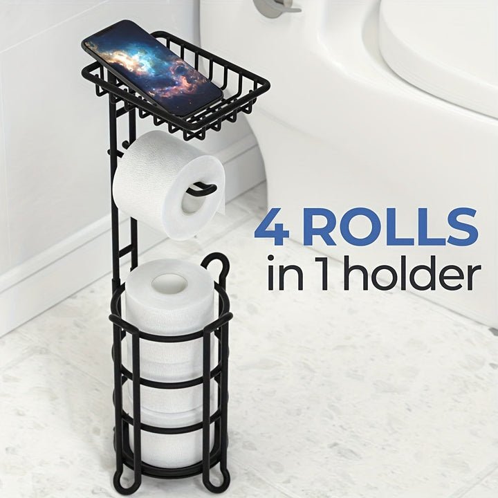 Soporte para papel higiénico de hierro forjado pintado, independiente, con estante adicional para rollos gigantes, teléfono, toallitas y difusor, instalación con adhesivo, para baño