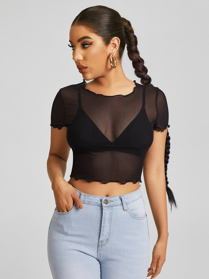 BAE Top transparente de malla con ribete de lechuga y sin Brasier, ideal para salir