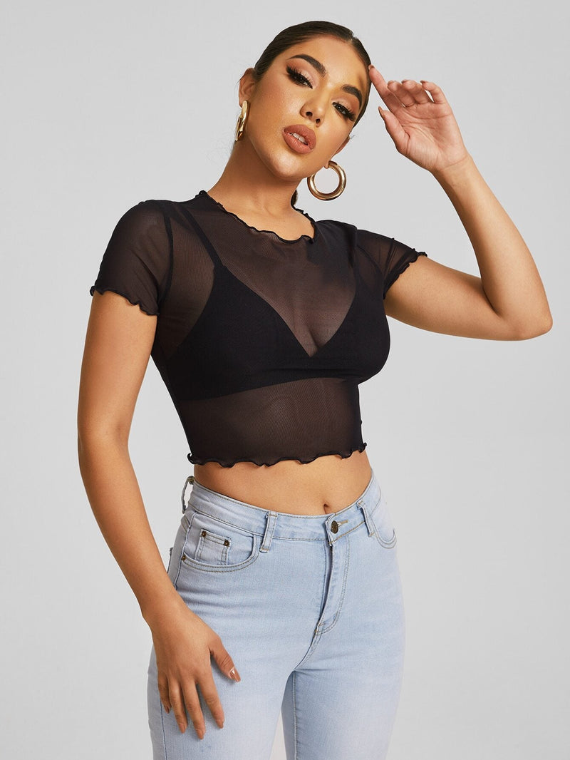 BAE Top transparente de malla con ribete de lechuga y sin Brasier, ideal para salir