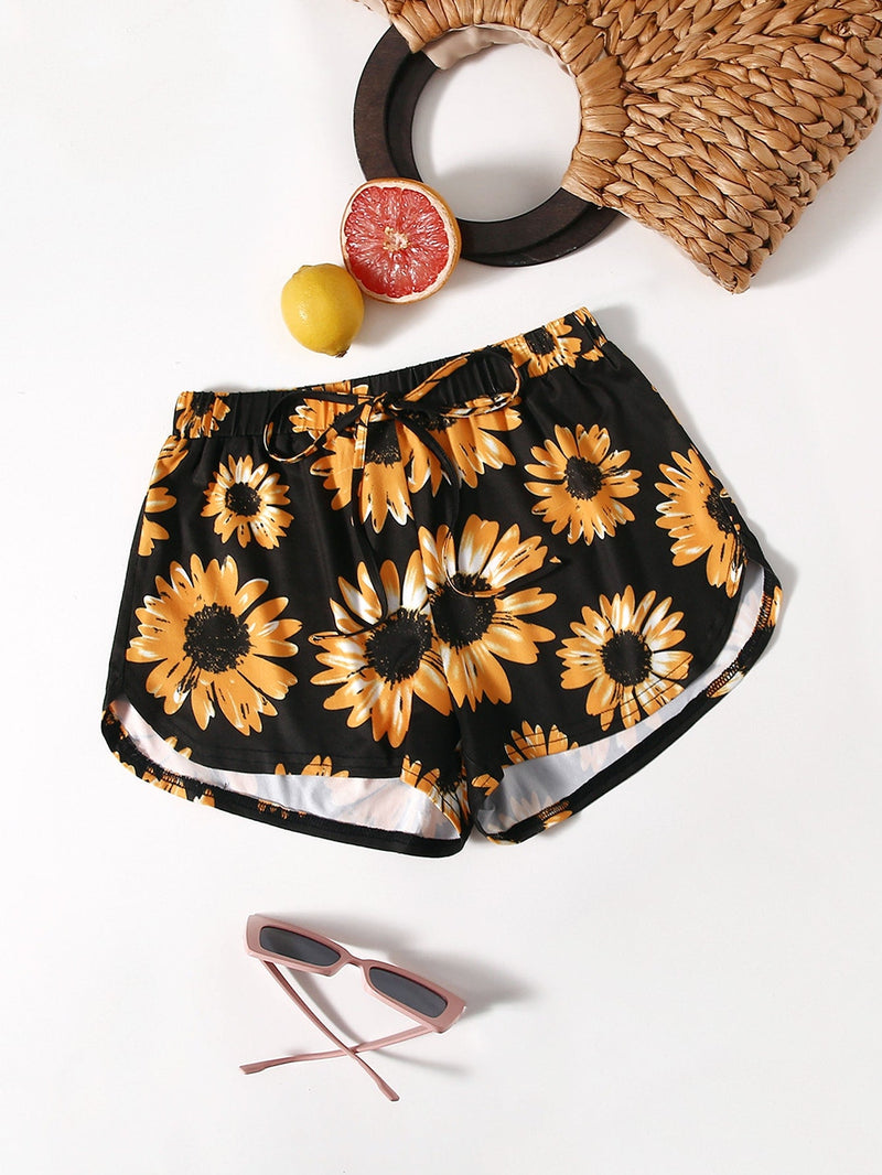 WYWH Shorts con cordon delantero con estampado de girasol