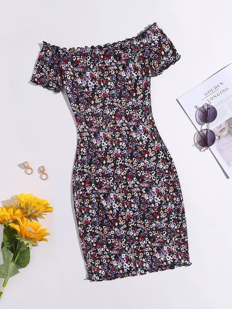 WYWH Vestido ajustado con estampado floral de hombros descubiertos ribete en forma de lechuga