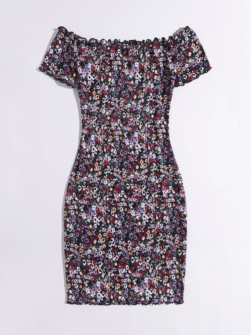 WYWH Vestido ajustado con estampado floral de hombros descubiertos ribete en forma de lechuga